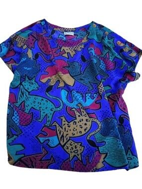 Vintage 1980s Campus Casuals of California Pop Cat Blouse | Memphis Style Retro